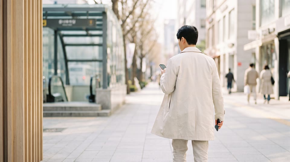 스마트폰을 들고 길을 걷는 사람의 뒷모습