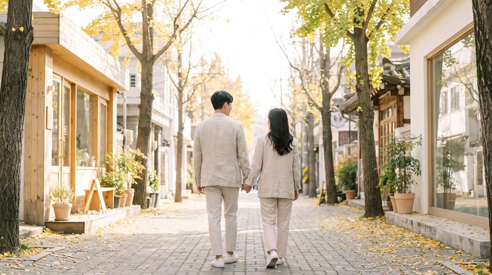 나란히 거리를 걷고 있는 남녀의 뒷모습