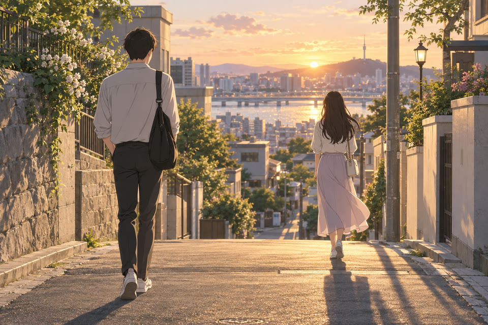 거리를 두고 걷는 두 사람의 뒷모습