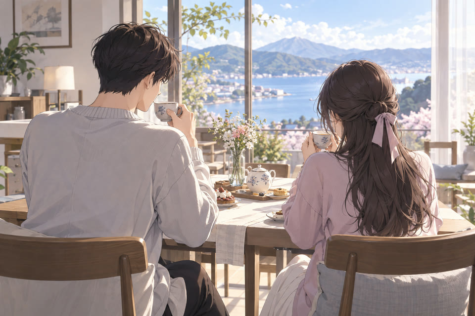 차분하게 식사하며 대화하는 연인의 뒷모습