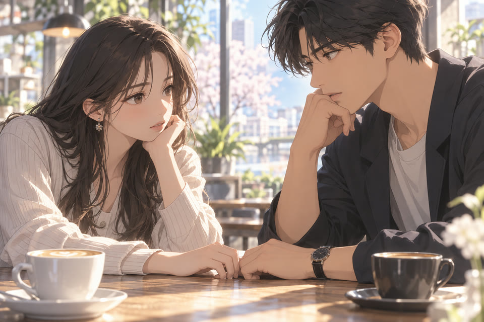 카페에 앉아 진지하게 대화하는 두 사람의 손