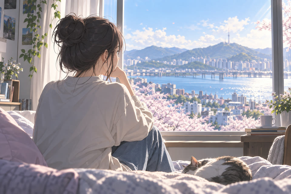 창밖을 보며 생각에 잠긴 사람의 뒷모습