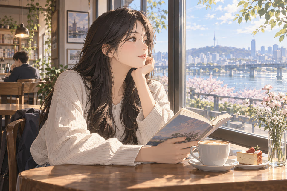 카페 창가에 앉아 책을 읽고 있는 사람의 뒷모습