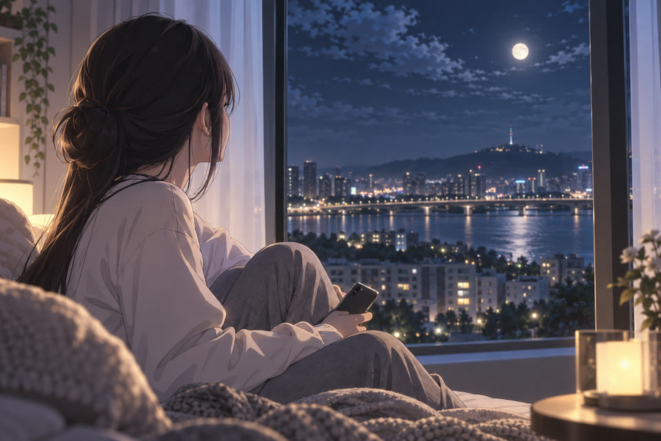 창밖을 보며 휴대폰을 손에 쥐고 고민하는 뒷모습