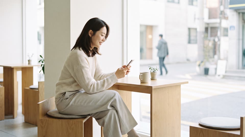 카페 창가에 혼자 앉아 휴대폰을 보는 사람