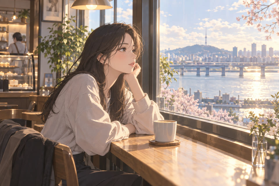 카페 창가 자리에 앉아 창밖을 바라보는 한 사람