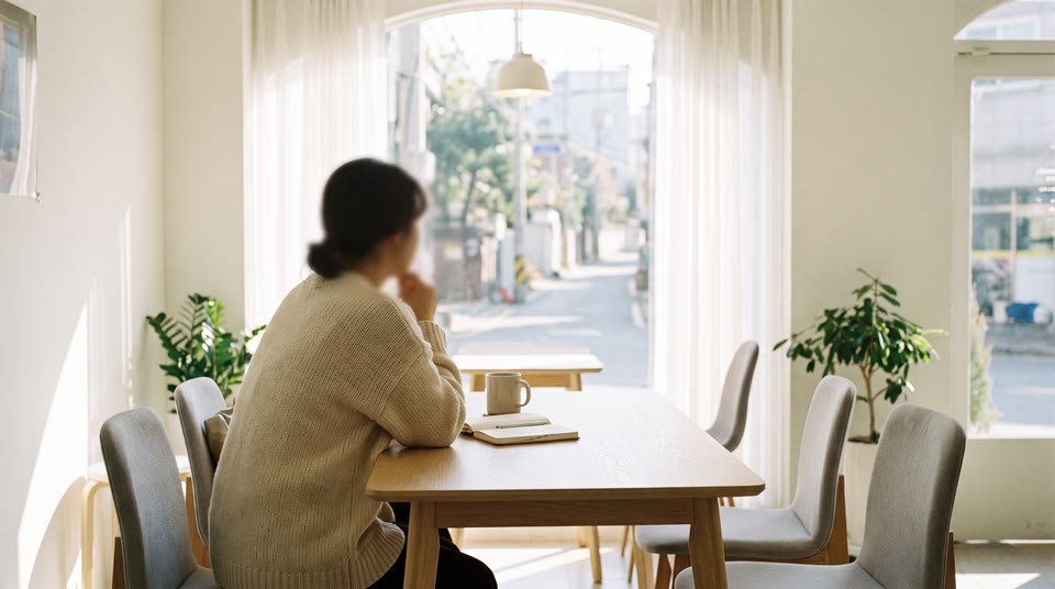 창밖을 보며 생각에 잠긴 사람의 뒷모습