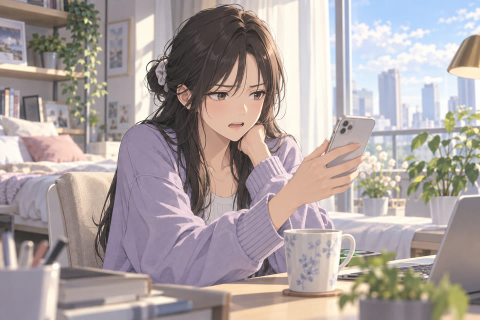 휴대폰 화면을 보며 불편해하는 모습
