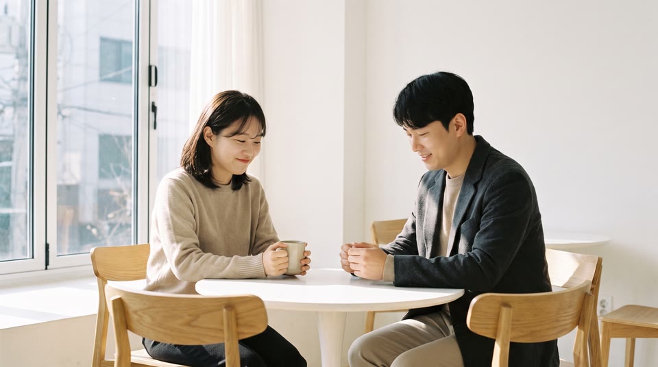 카페 테이블 위에 나란히 놓인 커피 두 잔과 휴대폰, 창가의 부드러운 오후 빛