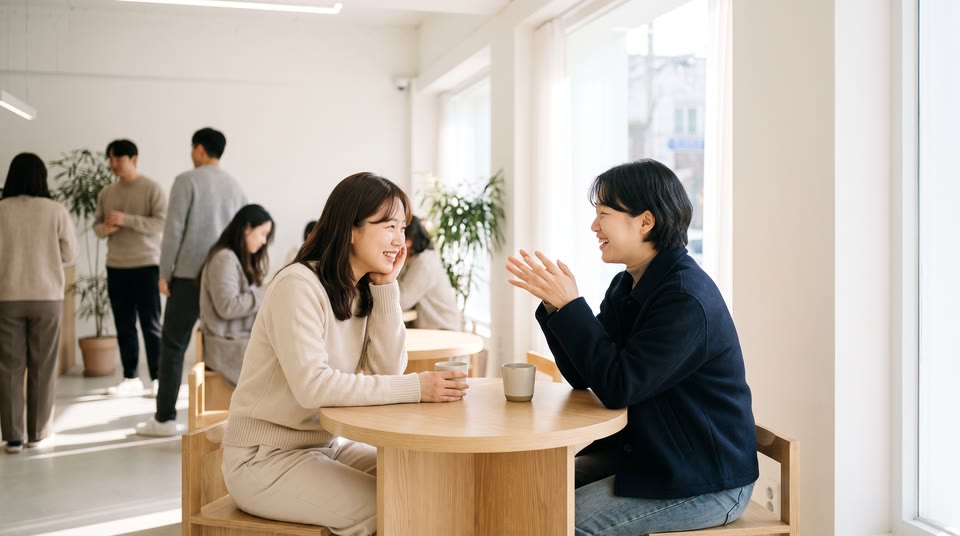 나무 테이블 위에 놓인 찻잔 두 개와 작은 꽃병, 차분한 카페 분위기