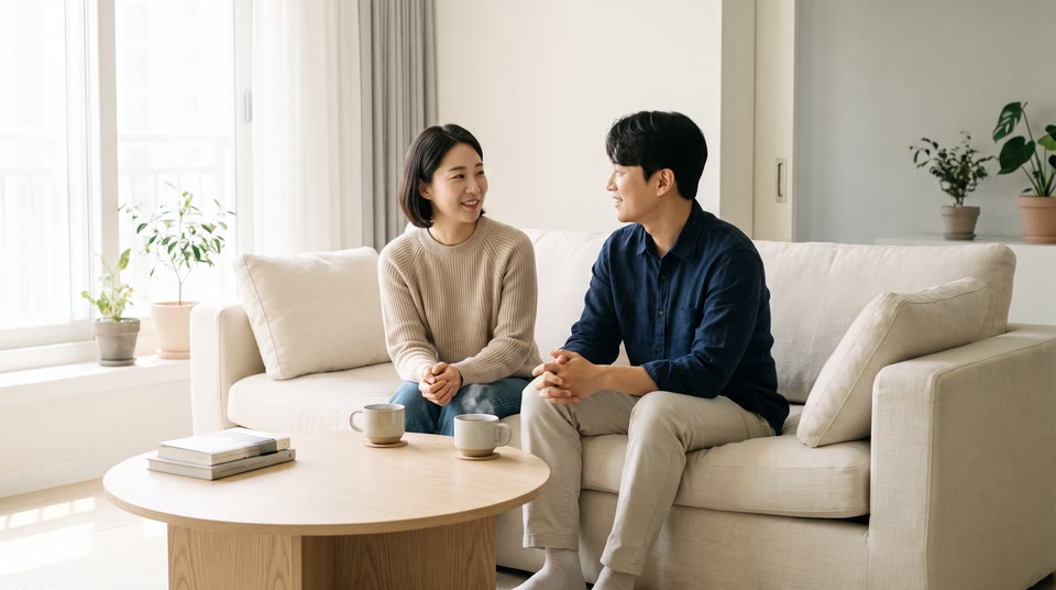 소파 위에 나란히 놓인 쿠션 두 개와 따뜻한 조명이 비치는 거실