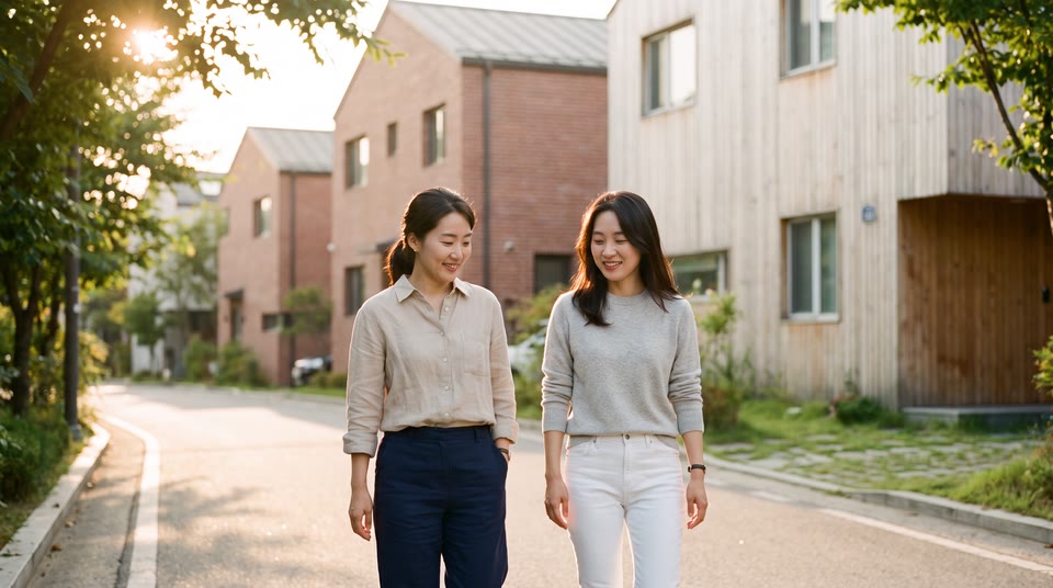 아침 햇살이 비치는 조용한 동네 골목과 작은 카페 입구